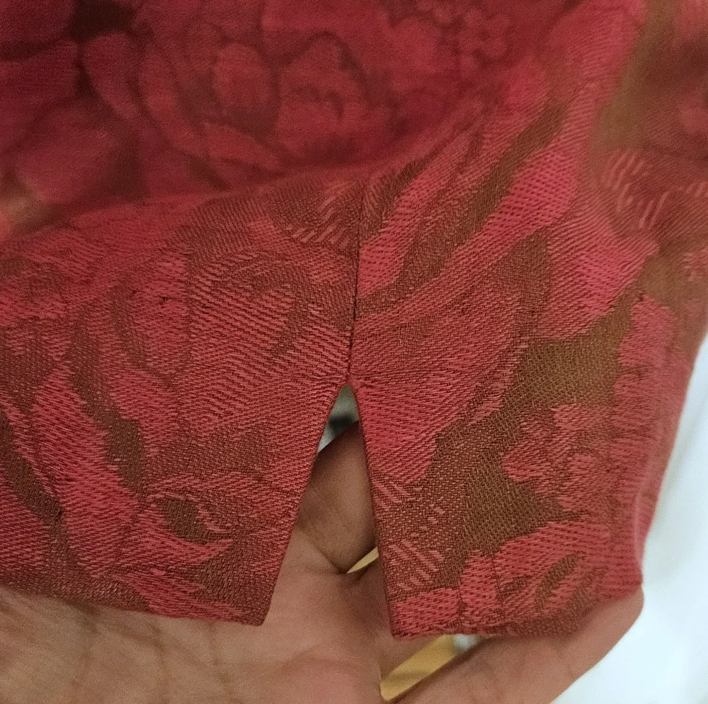 Vintage Albert Nipon Linen Brocade Dress Puffed Sleeves Floral Red